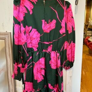 Sugarlips Dark Green Long Sleeve Dress with Hot Pink Floral Print